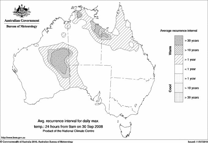 Australian daily maximum temperature average recurrence interval maps