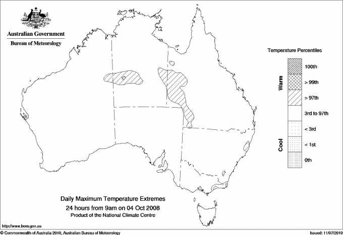 Australian daily maximum temperature extreme area maps