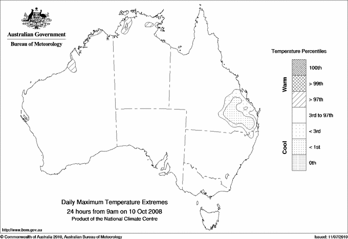Australian daily maximum temperature extreme area maps