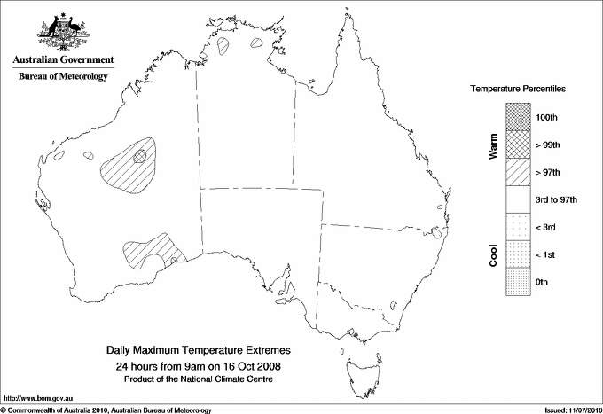 Australian daily maximum temperature extreme area maps