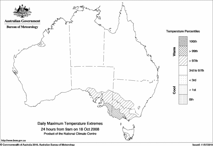 Australian daily maximum temperature extreme area maps
