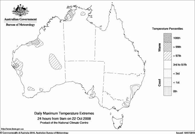 Australian daily maximum temperature extreme area maps