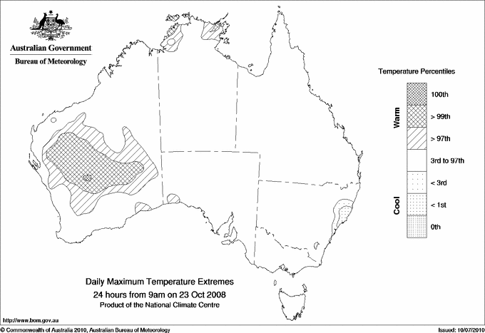 Australian daily maximum temperature extreme area maps