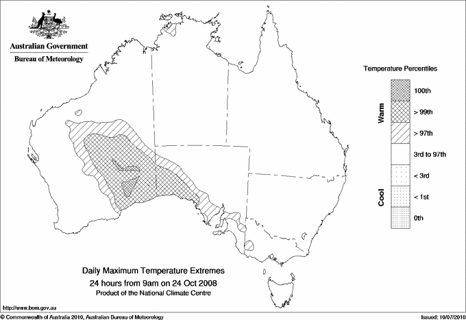 Australian daily maximum temperature extreme area maps