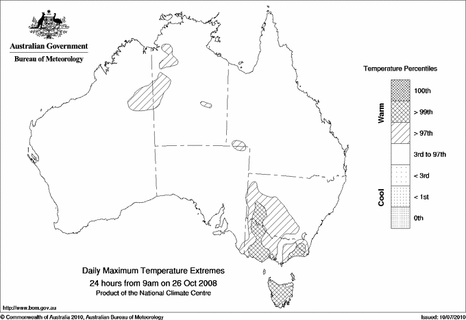 Australian daily maximum temperature extreme area maps