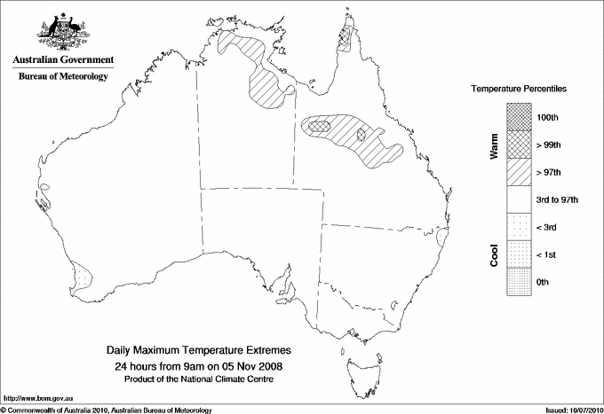 Australian daily maximum temperature extreme area maps