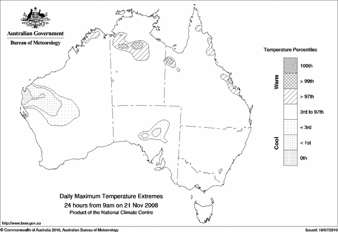 Australian daily maximum temperature extreme area maps