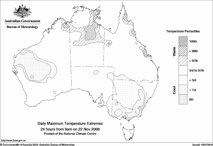Australian daily maximum temperature extreme area maps
