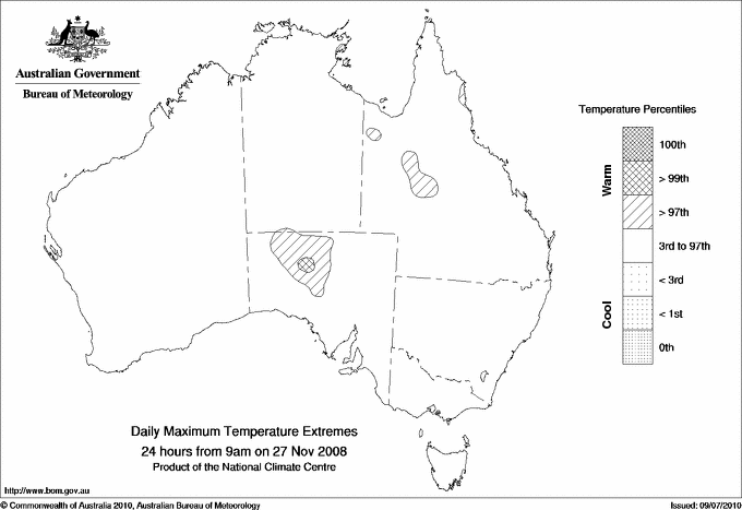 Australian daily maximum temperature extreme area maps