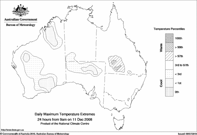 Australian daily maximum temperature extreme area maps