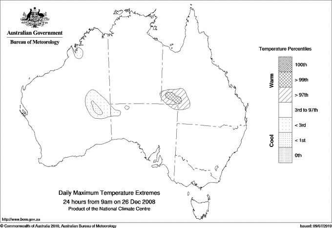 Australian daily maximum temperature extreme area maps