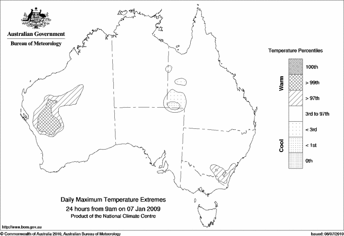 Australian daily maximum temperature extreme area maps