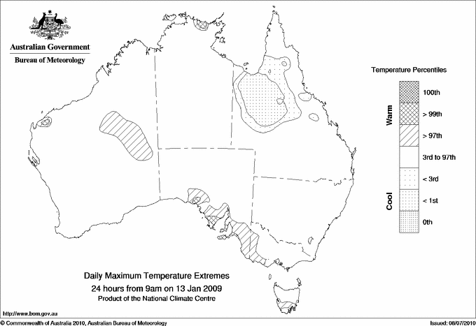 Australian daily maximum temperature extreme area maps