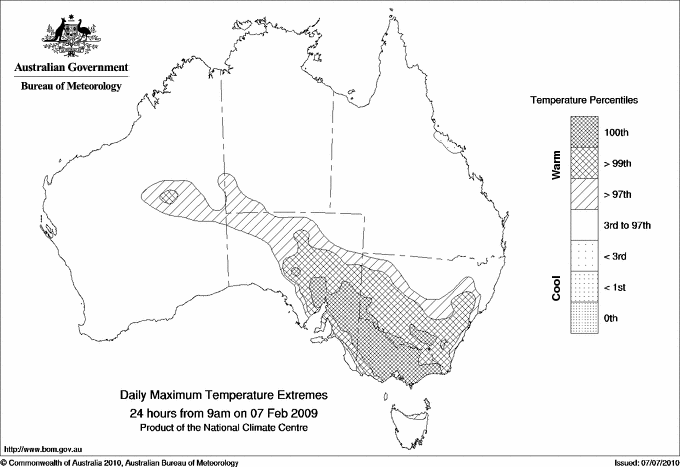 Australian daily maximum temperature extreme area maps