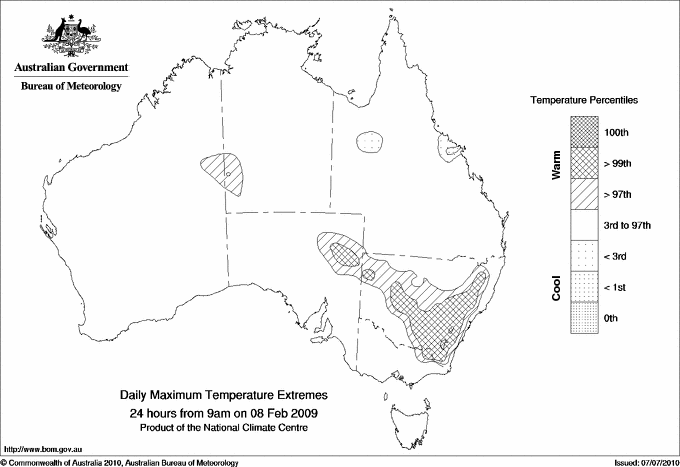 Australian daily maximum temperature extreme area maps