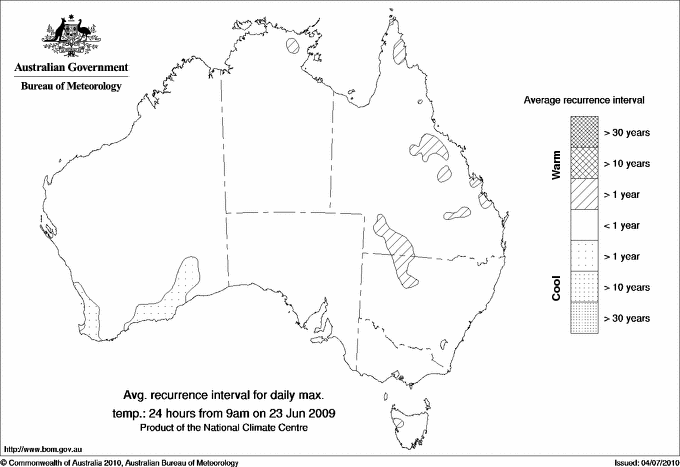 Australian daily maximum temperature average recurrence interval maps