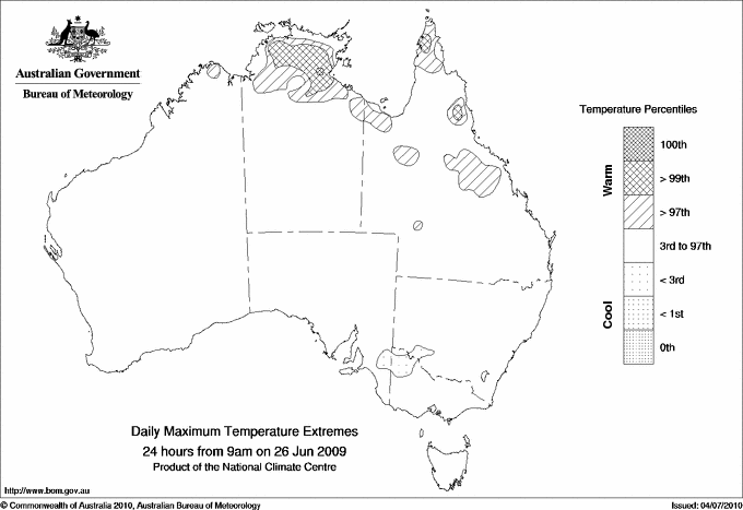 Australian daily maximum temperature extreme area maps