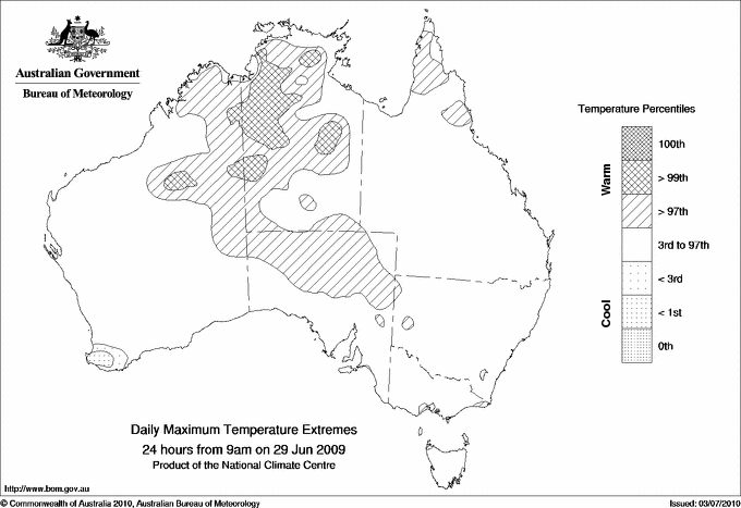Australian daily maximum temperature extreme area maps