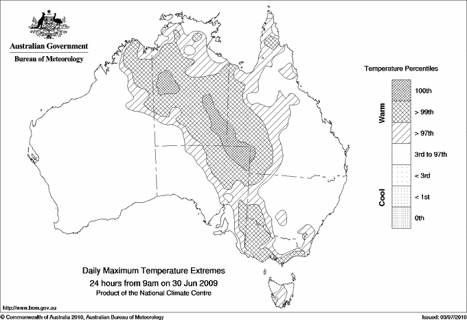 Australian daily maximum temperature extreme area maps
