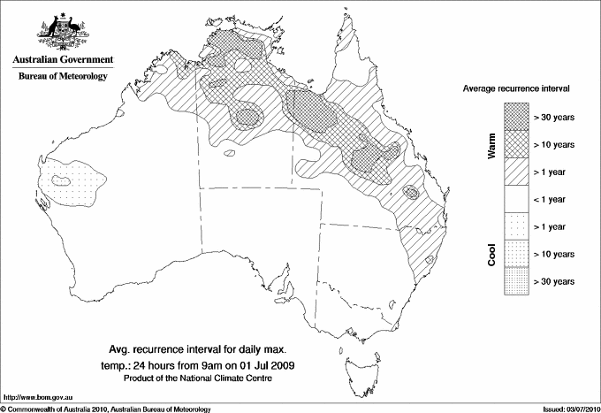 Australian daily maximum temperature average recurrence interval maps