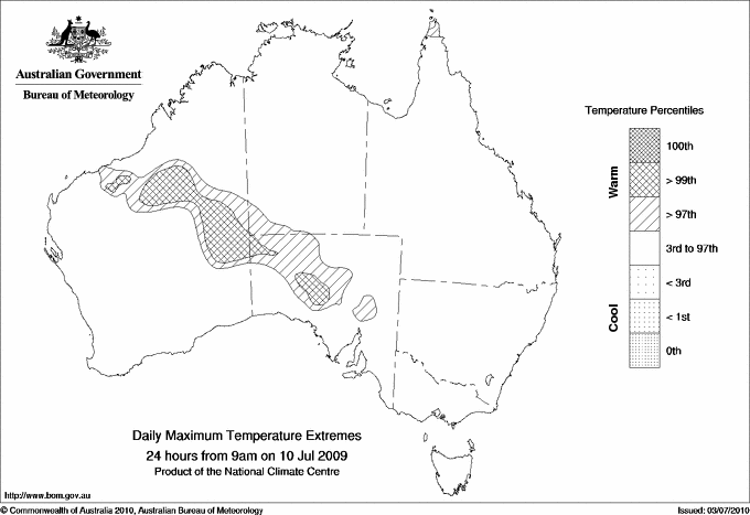 Australian daily maximum temperature extreme area maps