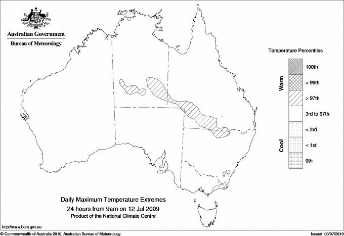 Australian daily maximum temperature extreme area maps
