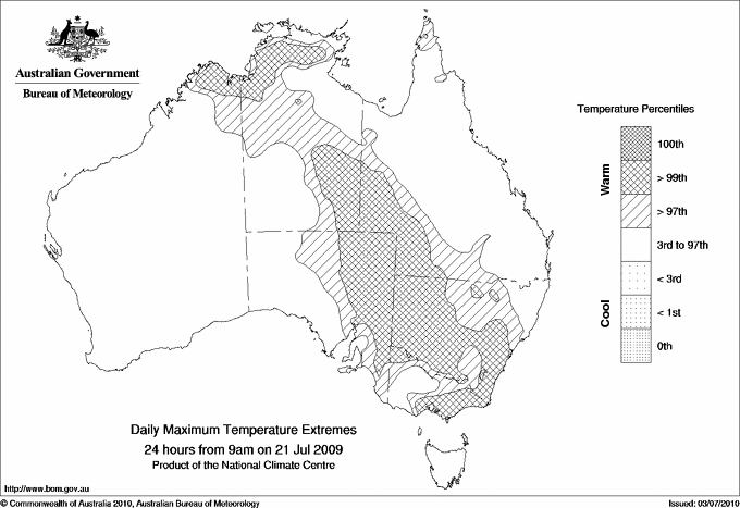 Australian daily maximum temperature extreme area maps