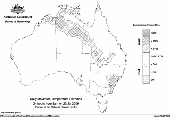 Australian daily maximum temperature extreme area maps