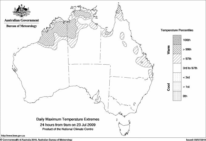 Australian daily maximum temperature extreme area maps