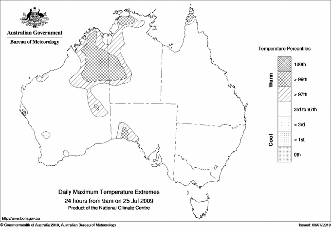 Australian daily maximum temperature extreme area maps