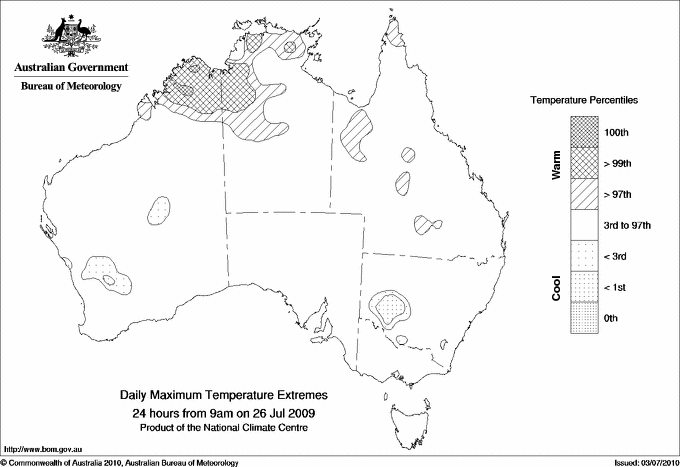 Australian daily maximum temperature extreme area maps