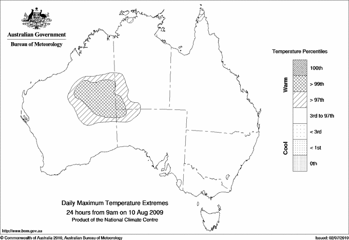 Australian daily maximum temperature extreme area maps