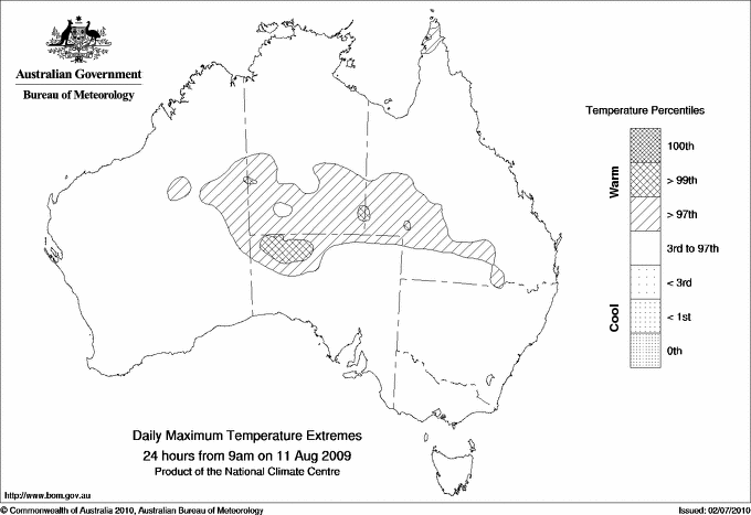 Australian daily maximum temperature extreme area maps