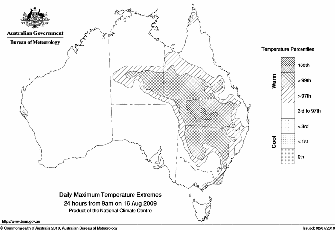 Australian daily maximum temperature extreme area maps