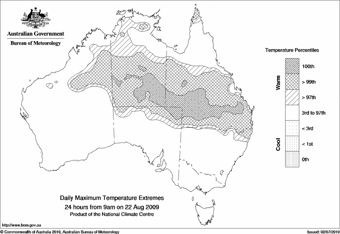 Australian daily maximum temperature extreme area maps