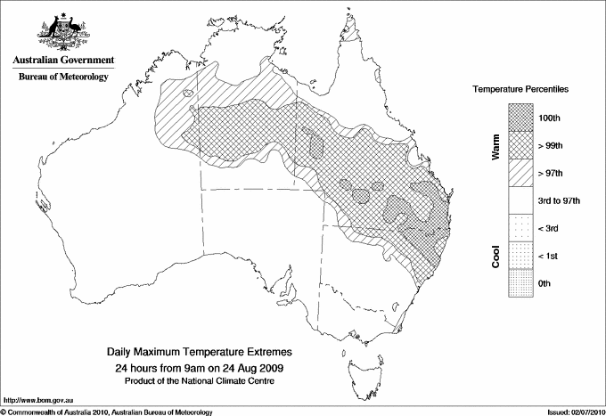 Australian daily maximum temperature extreme area maps