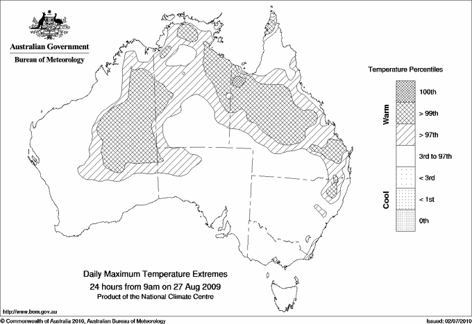 Australian daily maximum temperature extreme area maps