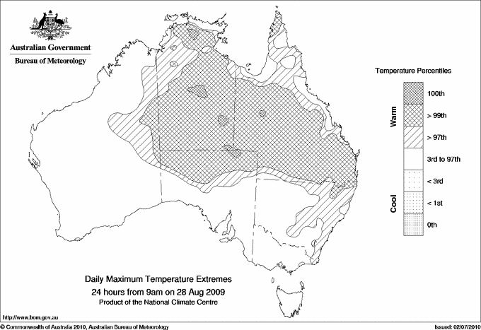 Australian daily maximum temperature extreme area maps