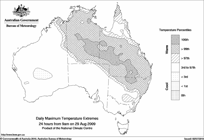 Australian daily maximum temperature extreme area maps