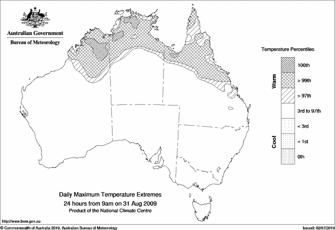 Australian daily maximum temperature extreme area maps