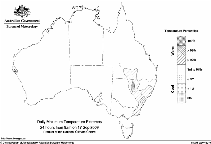 Australian daily maximum temperature extreme area maps