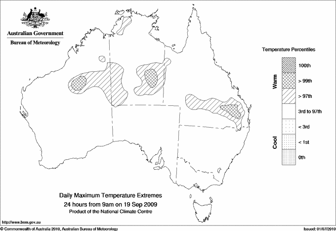 Australian daily maximum temperature extreme area maps