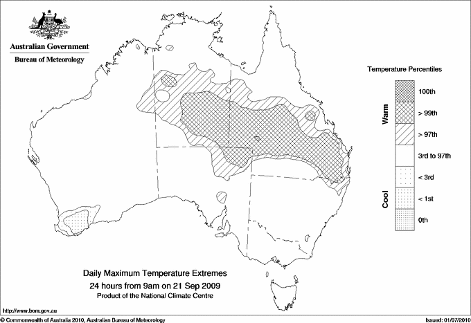 Australian daily maximum temperature extreme area maps