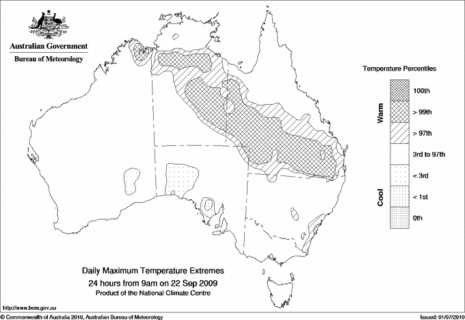 Australian daily maximum temperature extreme area maps