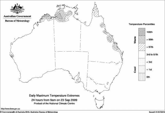 Australian daily maximum temperature extreme area maps