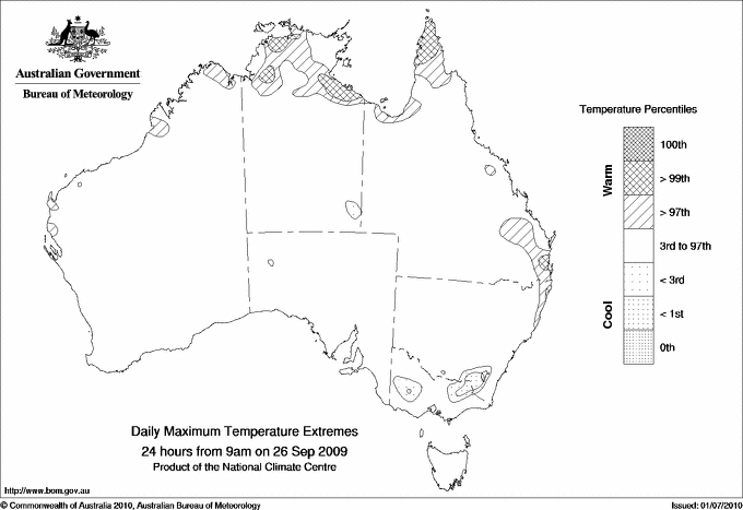 Australian daily maximum temperature extreme area maps