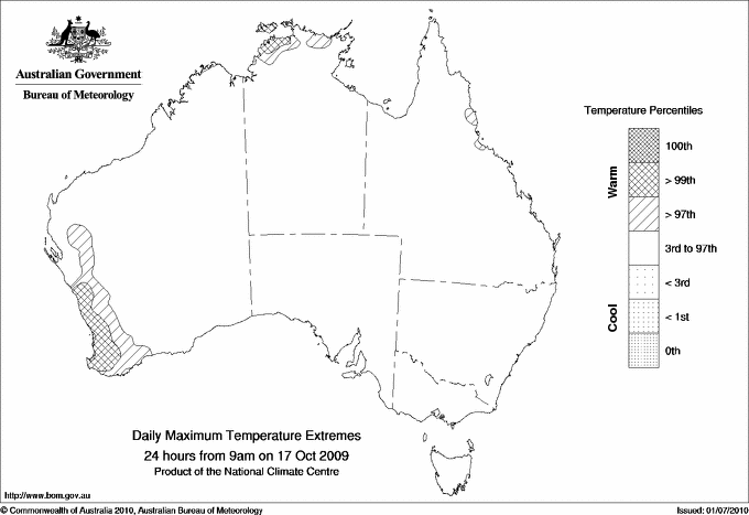 Australian daily maximum temperature extreme area maps