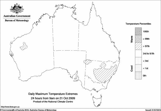 Australian daily maximum temperature extreme area maps