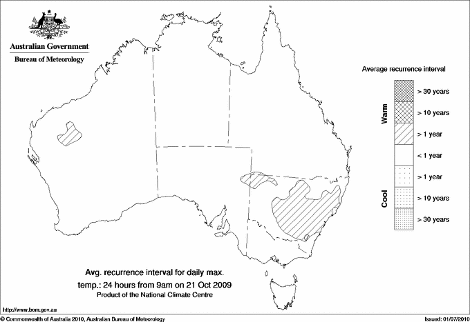 Australian daily maximum temperature average recurrence interval maps