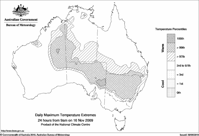 Australian daily maximum temperature extreme area maps